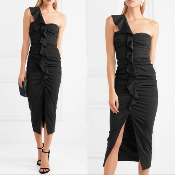 Veronica Beard Women's Size 4 Black Biba Ruffled One-Shoulder Crepe Midi Dress - Picture 3 of 11